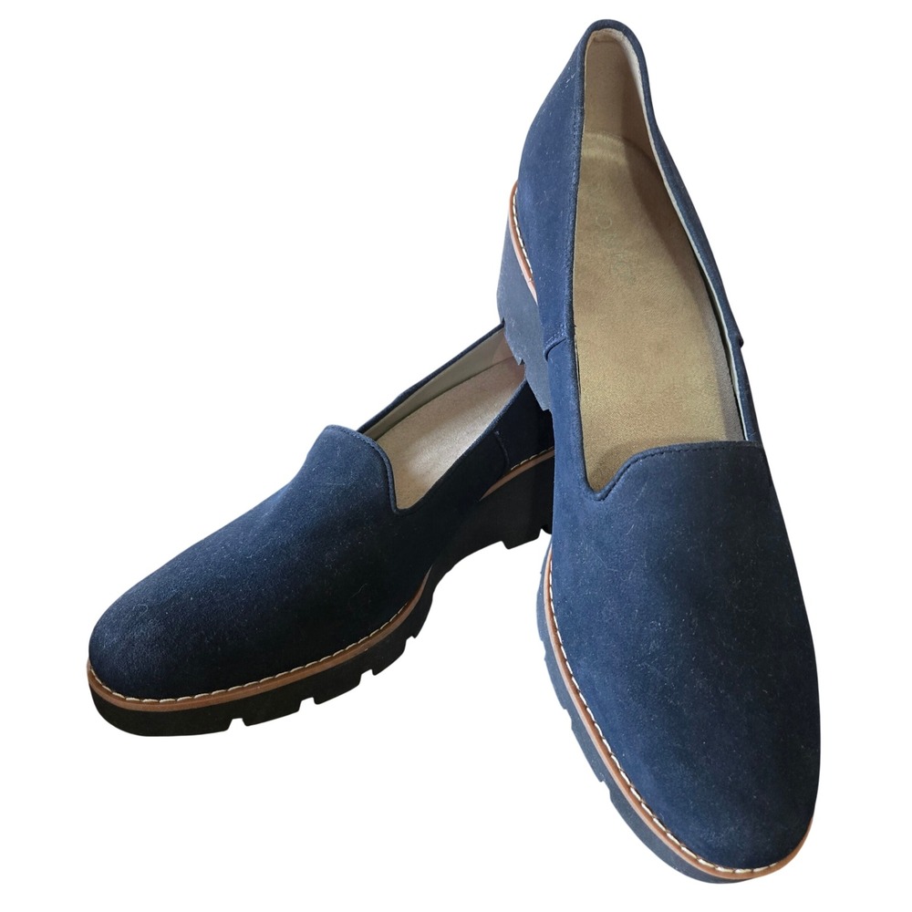 Vionic Blue Suede Water Repellent Wedge Loafers Lug Sole Shoes NWOT Womens 12/13